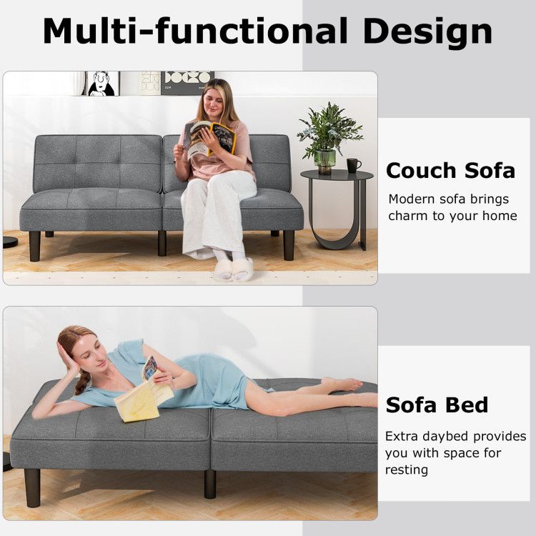 Gray sofa bed with a woman reading a book in a home setting, highlighting its multi-functional design.