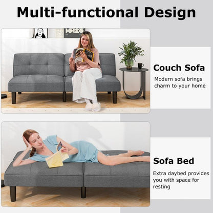 Gray sofa bed with a woman reading a book in a home setting, highlighting its multi-functional design.