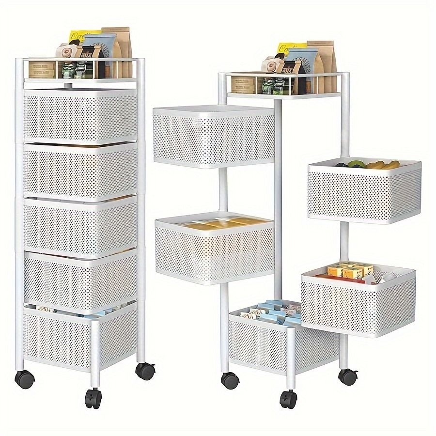 Set of three metal storage carts with mesh drawers on wheels against a white background
