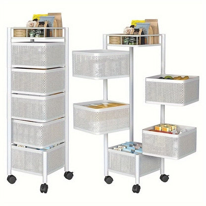 Set of three metal storage carts with mesh drawers on wheels against a white background
