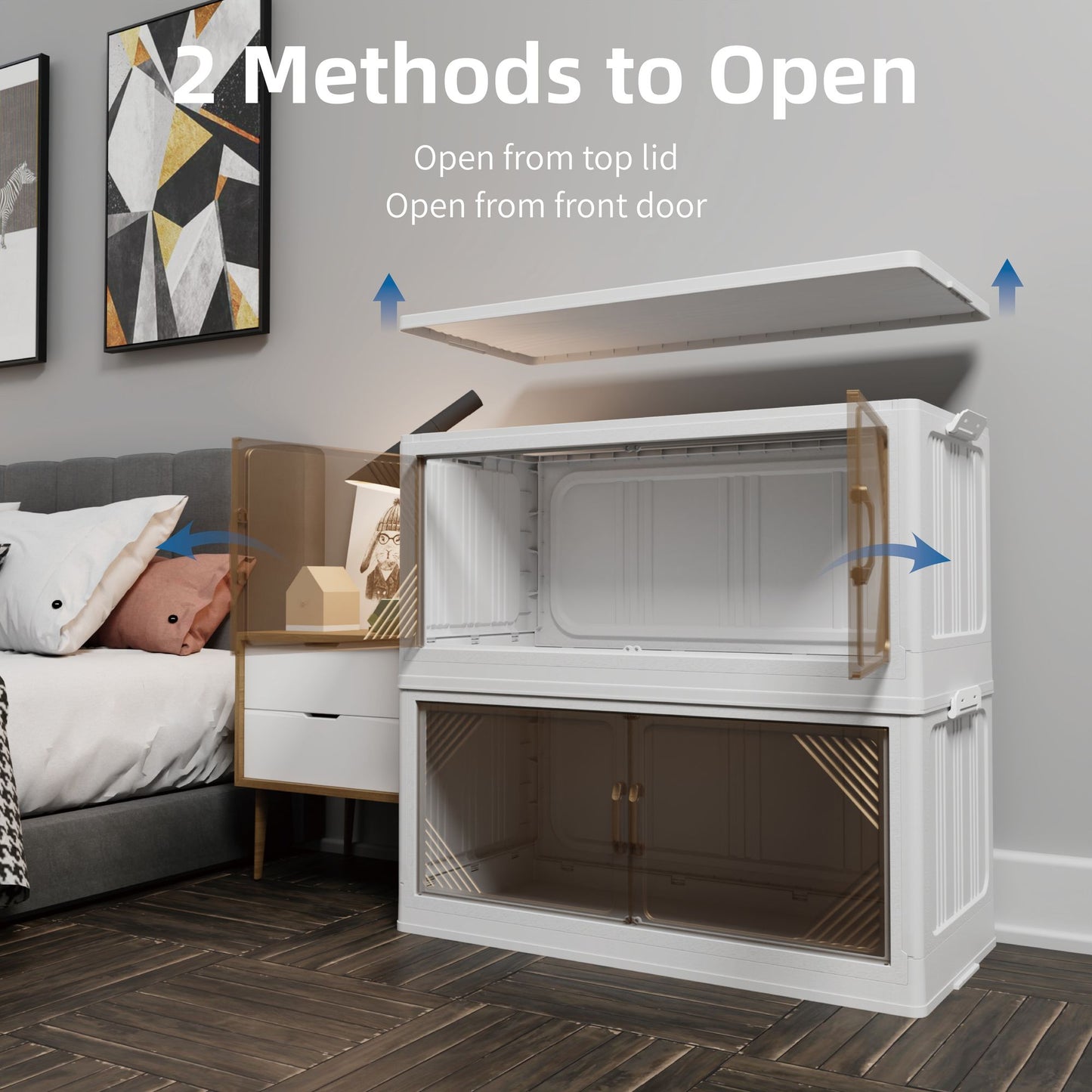 Transparent stackable bins with removable lids and front doors