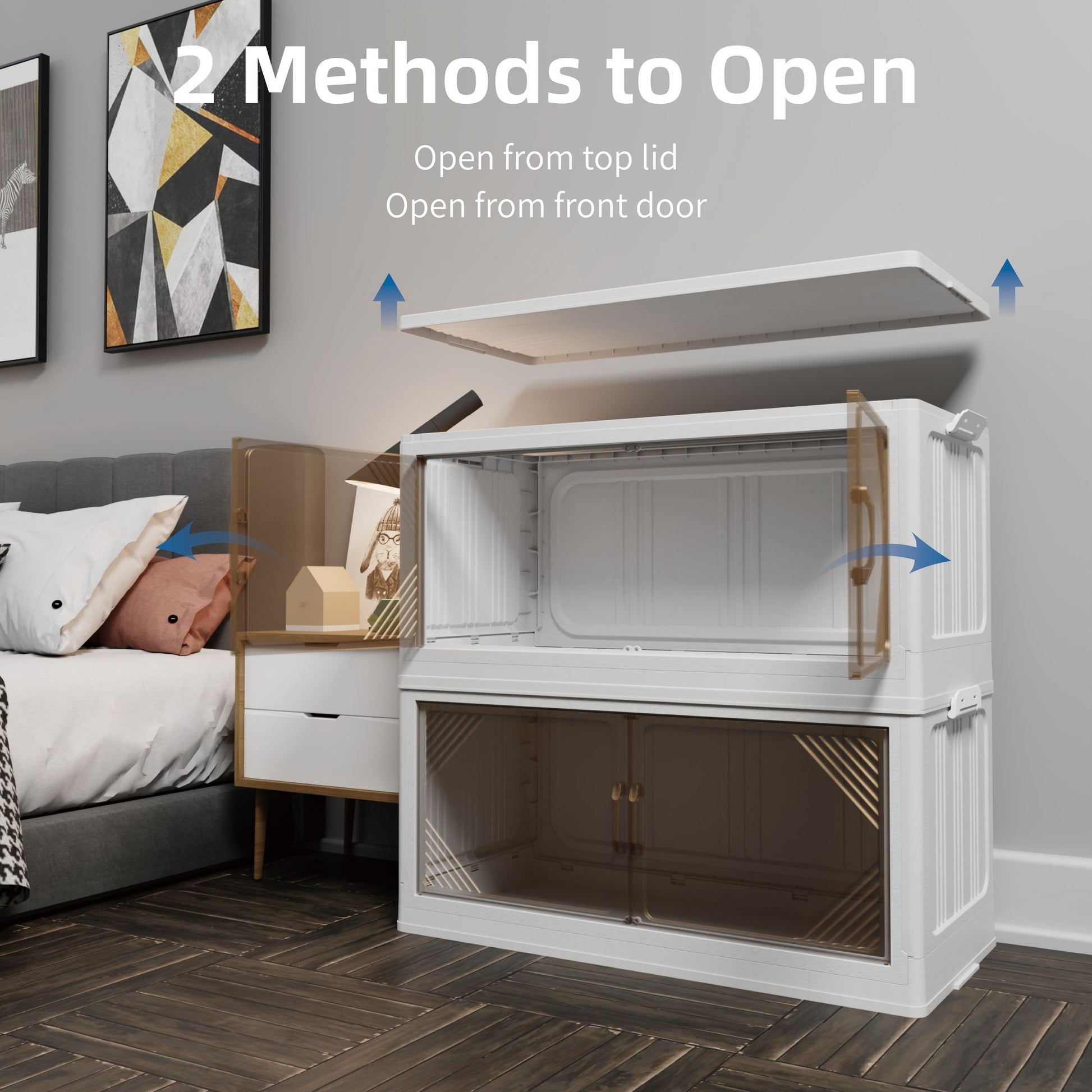 Transparent stackable bins with removable lids and front doors