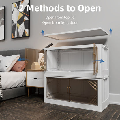Transparent stackable bins with removable lids and front doors
