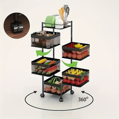Multi-tiered metal storage rack with wheels, filled with various items, on a white background.