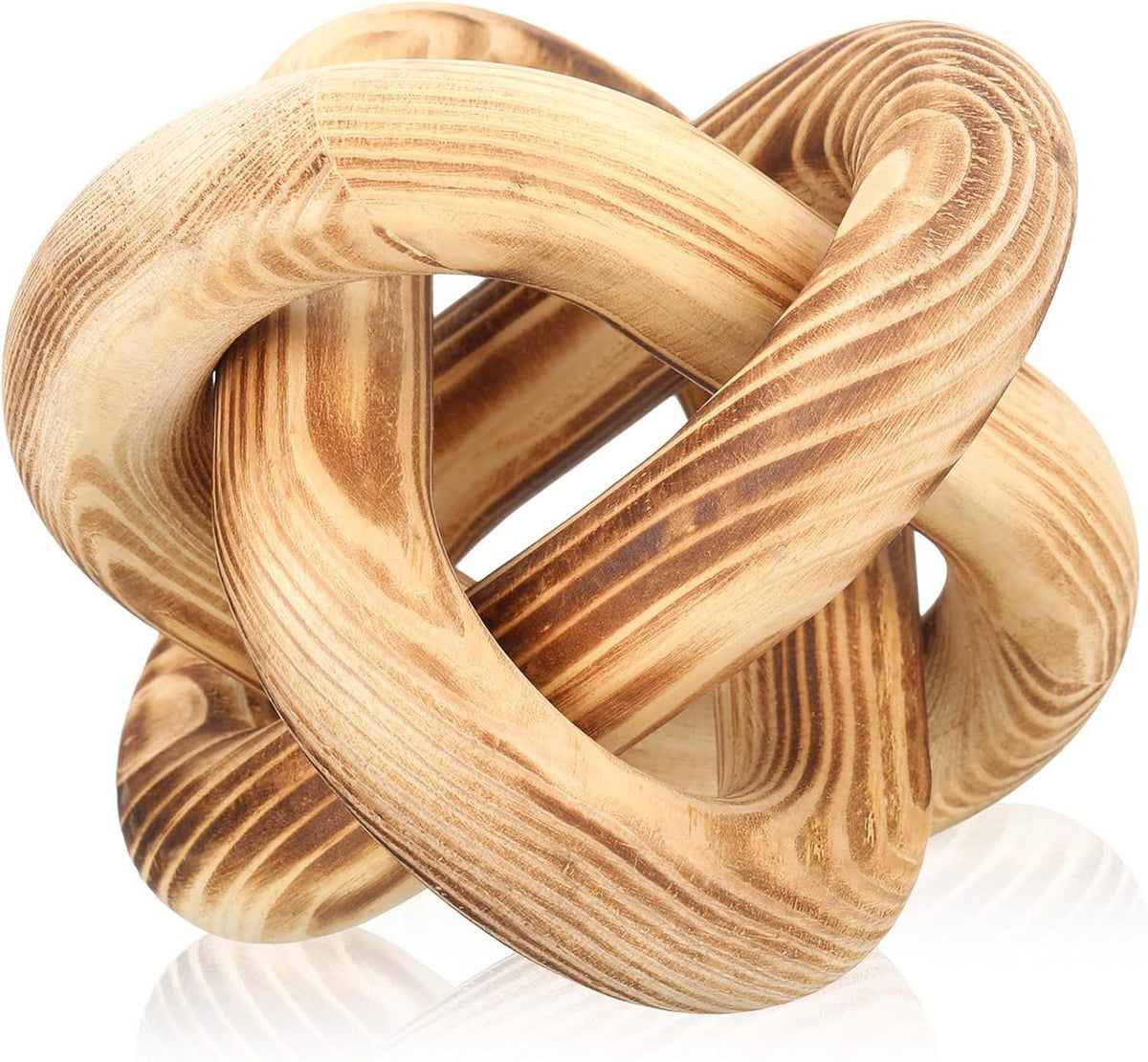 A natural wood knot dog toy with a smooth, polished finish and visible wood grain patterns, shown on a clean white background with a subtle reflection.