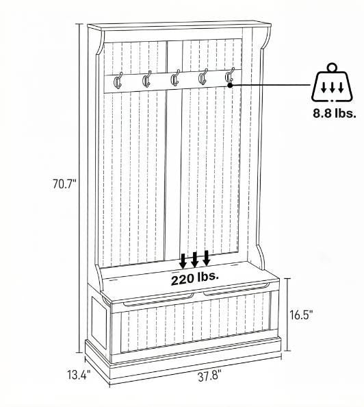 Measurement chart of a wooden hall tree with hooks and storage bench, showing dimensions and weight capacity.