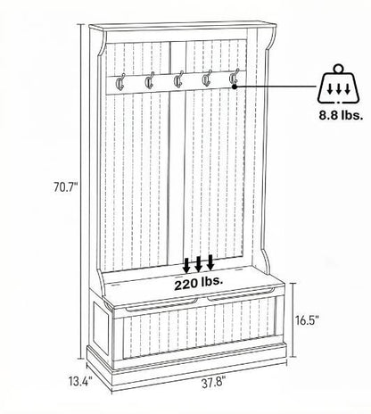 Measurement chart of a wooden hall tree with hooks and storage bench, showing dimensions and weight capacity.