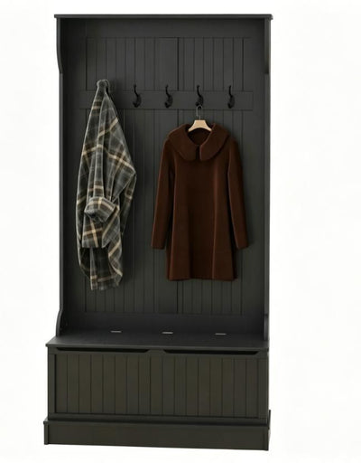 Black coat rack with hooks and storage bins, featuring a plaid coat and a brown coat.