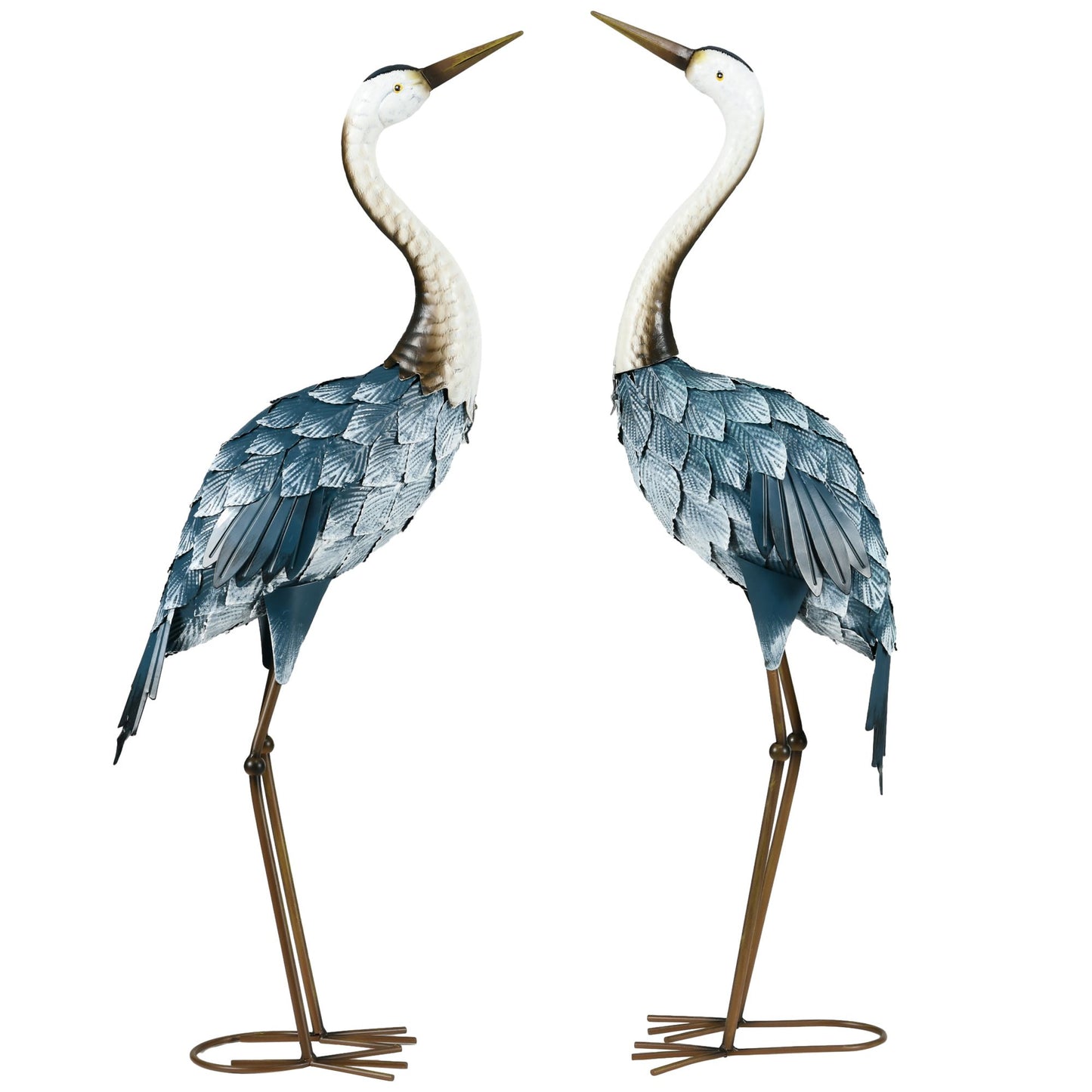 Two decorative heron statues on a white background