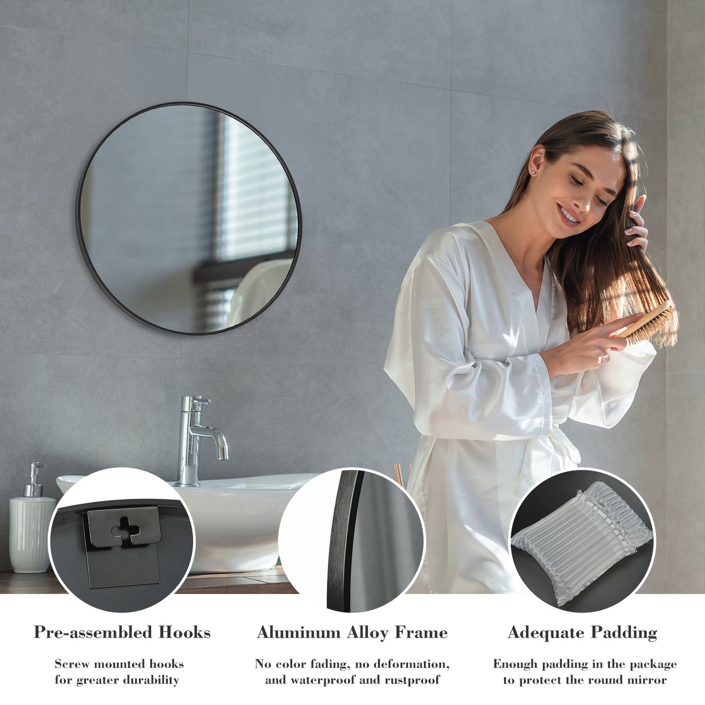Woman in a bathroom with a round mirror, sink, and faucet.
