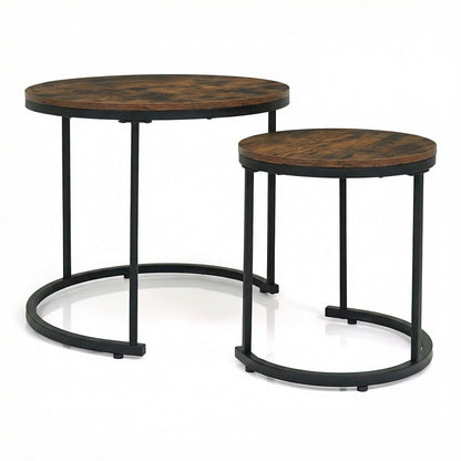 A pair of nested round nesting tables with dark brown wood grain tops and black metal frame legs, shown on a white background.