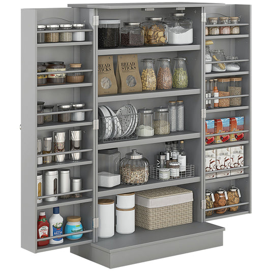 Gray pantry cabinet with shelves stocked with food items and supplies
