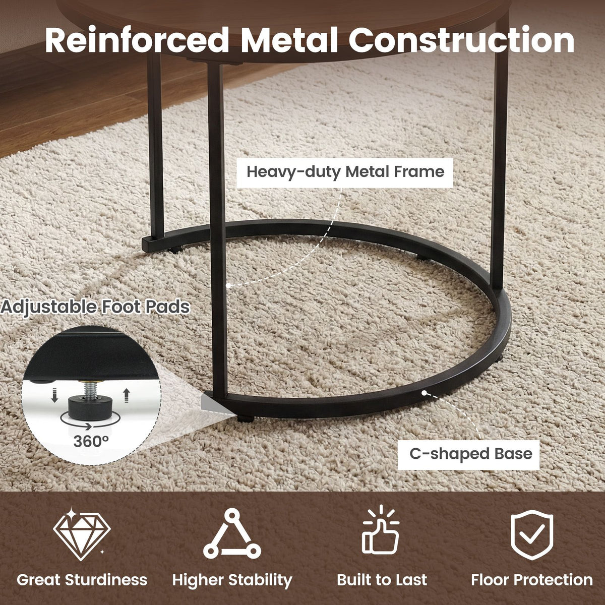 Table with reinforced metal construction features on a carpeted floor