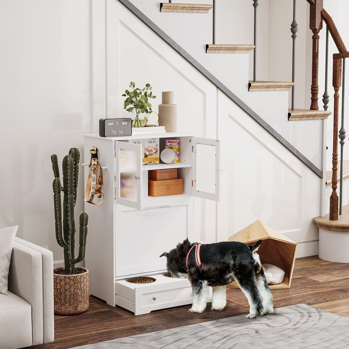 Dog standing next to a white cabinet with open doors in a home setting.