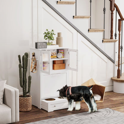Dog standing next to a white cabinet with open doors in a home setting.