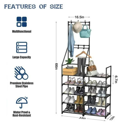 3-in-1 Freestanding Shoe Rack and Coat Organizer (5 Tiers)