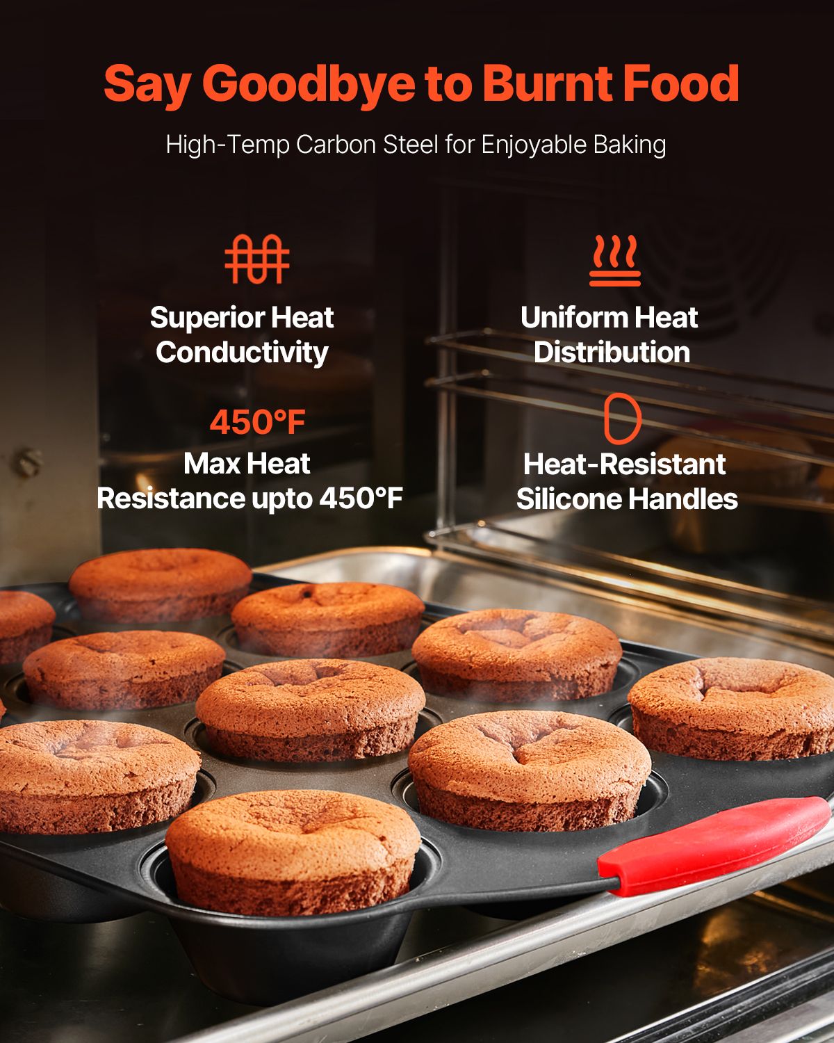 Baking tray with muffins inside an oven, featuring text about high-temp carbon steel and baking benefits.