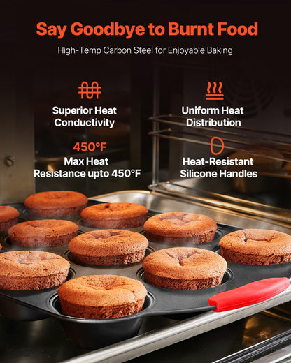 Baking tray with muffins inside an oven, featuring text about high-temp carbon steel and baking benefits.