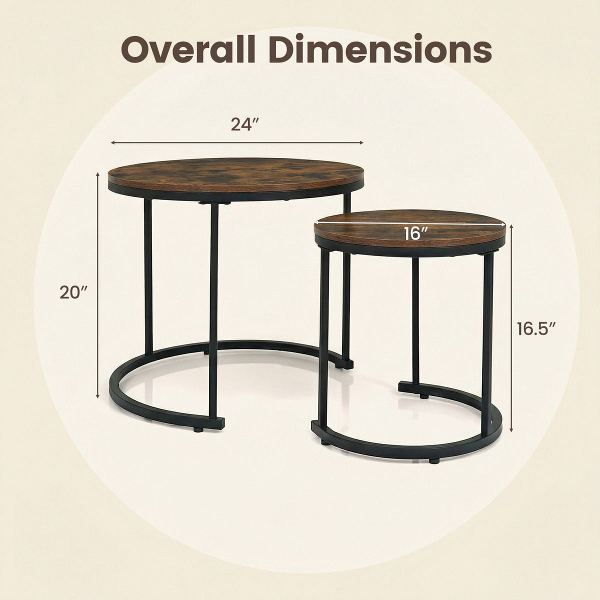 Two round side tables with dimensions labeled on a beige background