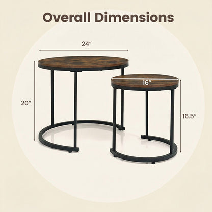 Two round side tables with dimensions labeled on a beige background