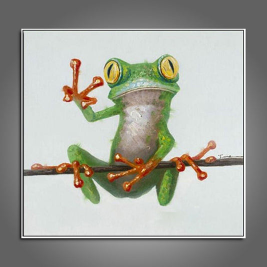 A minimalist art print of a frog, created with simple black lines on a neutral background.