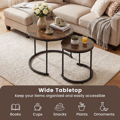 Two wooden coffee tables in a living room setting with decor items.