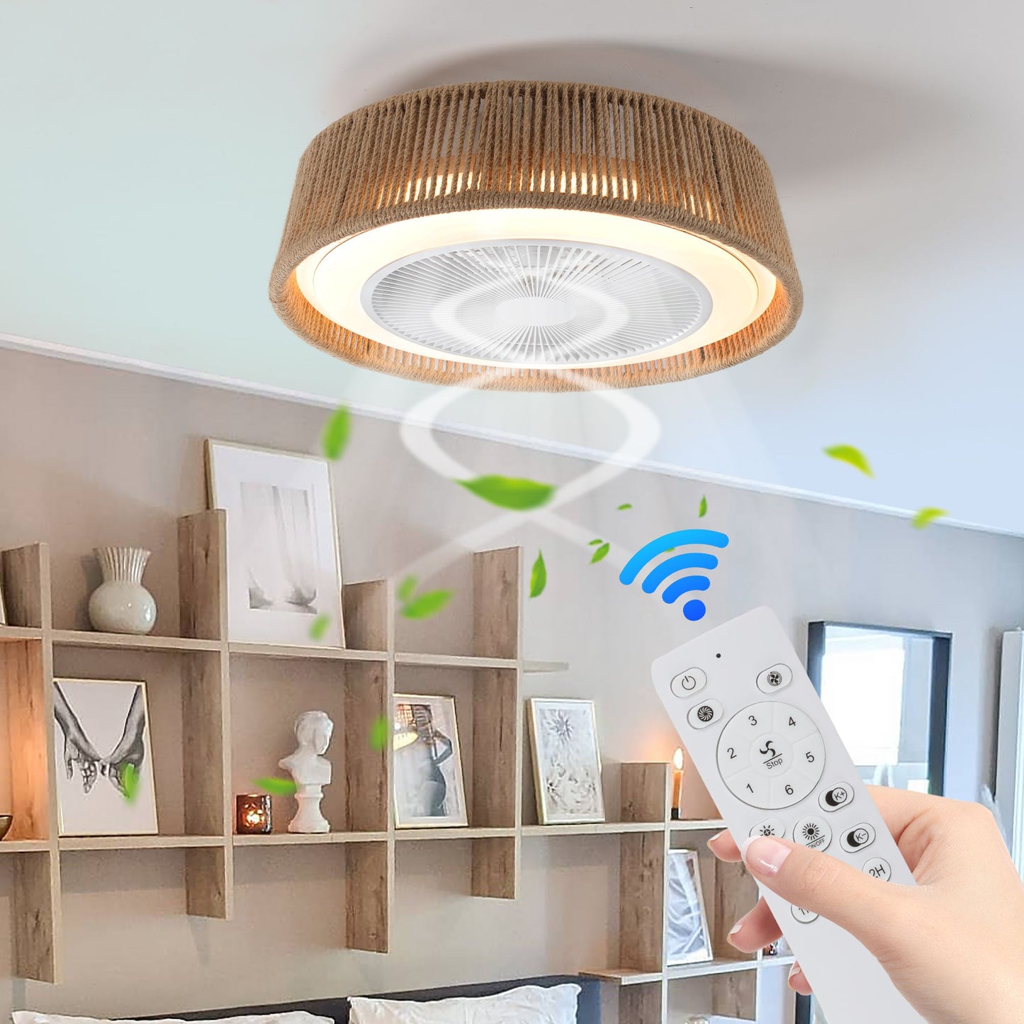 Ceiling fan with light fixture and remote control in a room setting