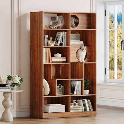 Wooden bookshelf with decorative items and a cat in a well-lit room.