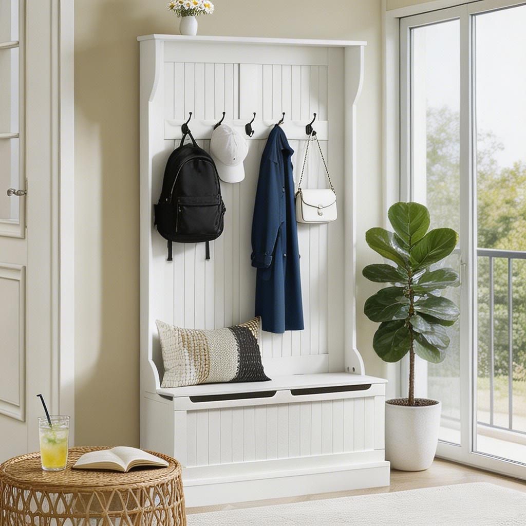 White hall tree with hooks and bench in a room with a plant and table.