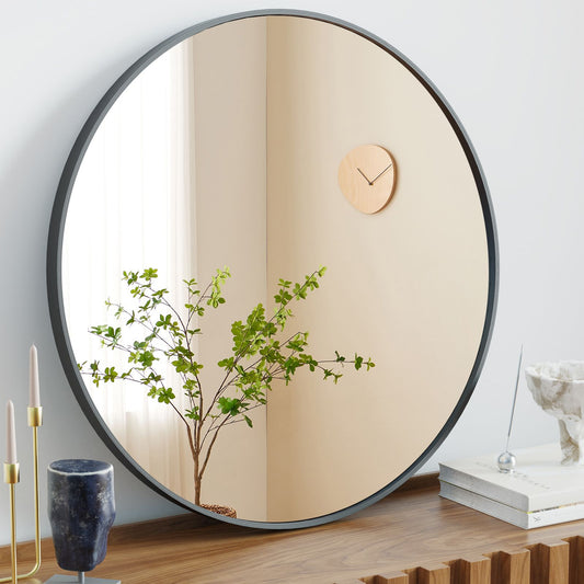 Round mirror with black frame reflecting a plant and clock on a wall.