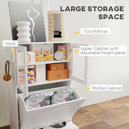 White storage cabinet with labeled compartments and items inside, on a wooden floor.
