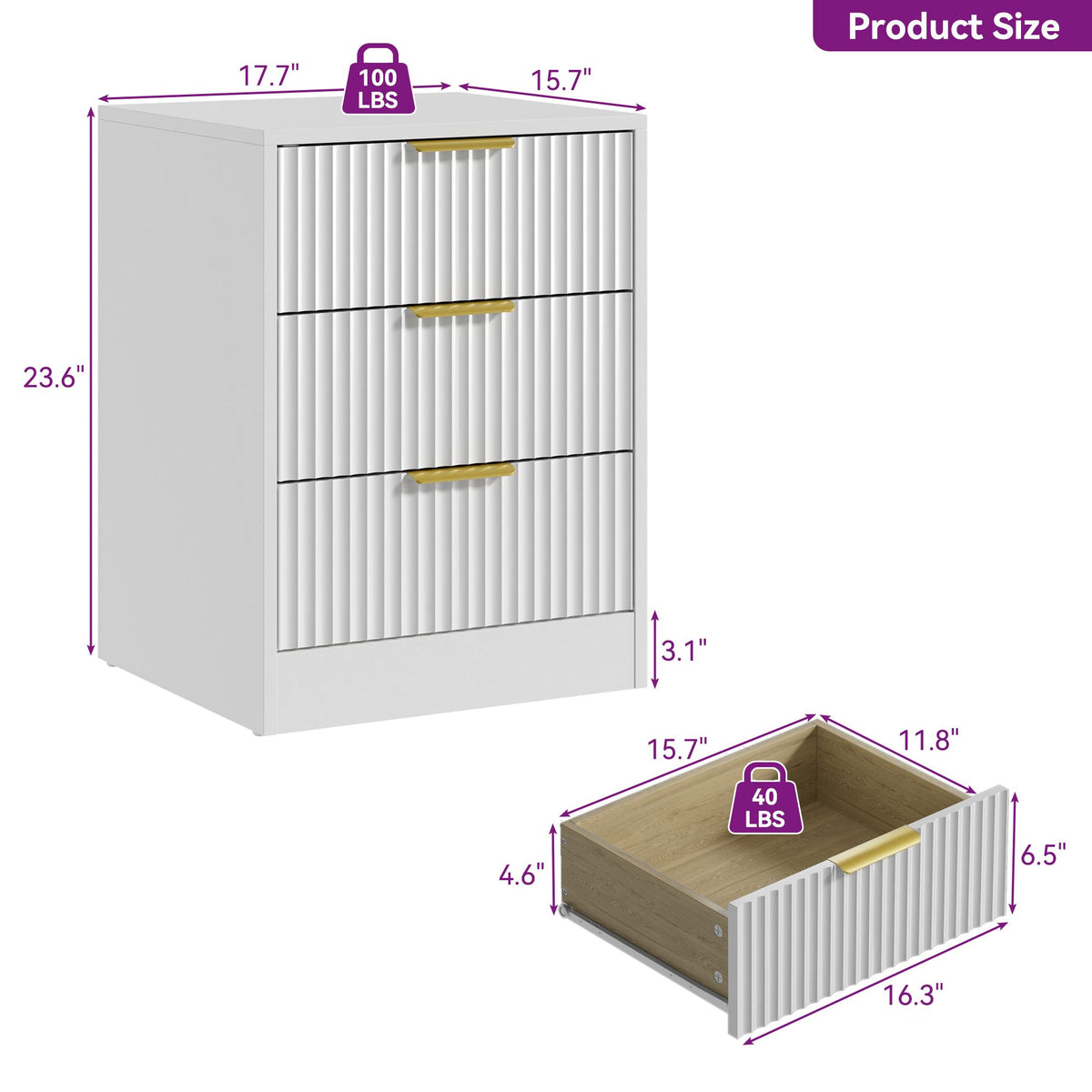White three-drawer dresser with gold handles and a wood-look interior, shown with product size and weight measurements on a white background.