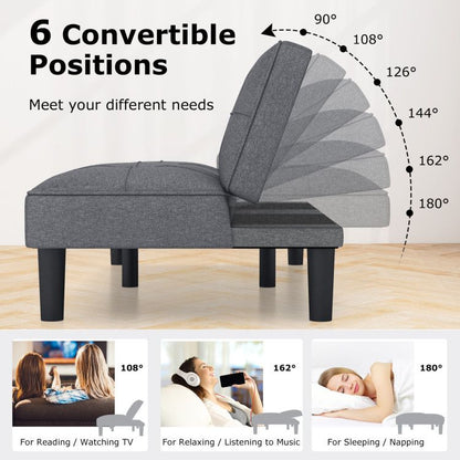 Gray convertible chair with 6 different positions on a wooden floor.