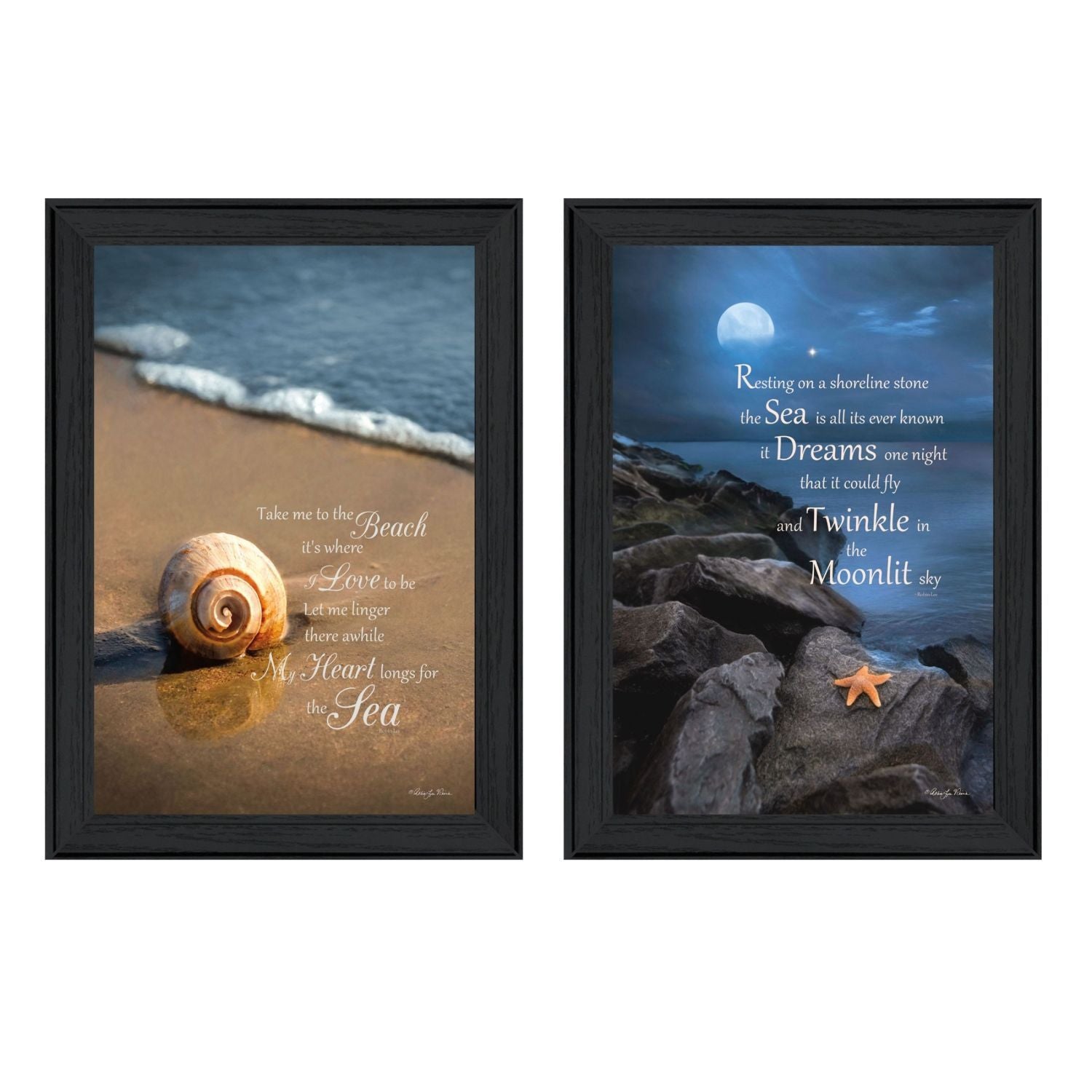 Two framed beach-themed prints with a shell and moonlit sky scene.