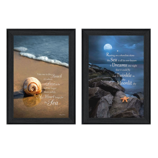 Two framed beach-themed prints with a shell and moonlit sky scene.