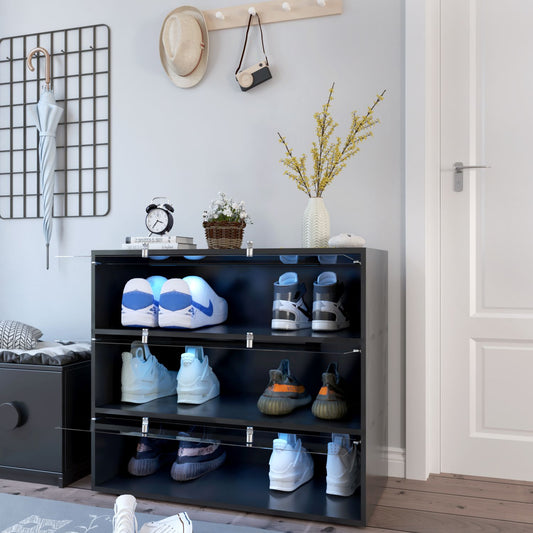Black shoe rack with various shoes on shelves in a room setting.