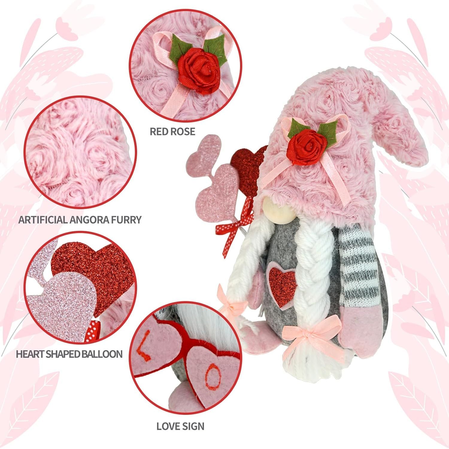 Plush toy with red rose, heart-shaped balloon, and love sign on a pink floral background