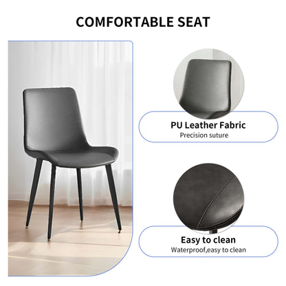 Gray chair with PU leather fabric on a wooden floor, featuring text about comfort and ease of cleaning.