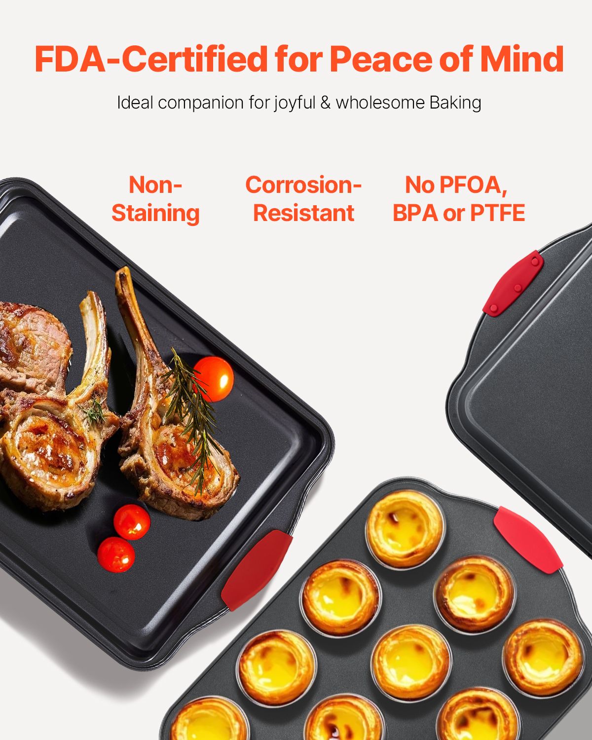 Baking pans with food on a white background, featuring text about FDA certification and material properties.