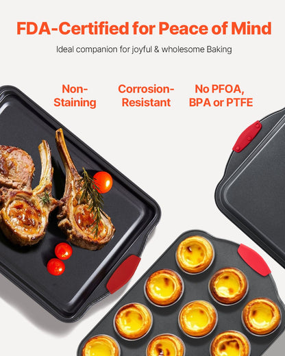 Baking pans with food on a white background, featuring text about FDA certification and material properties.