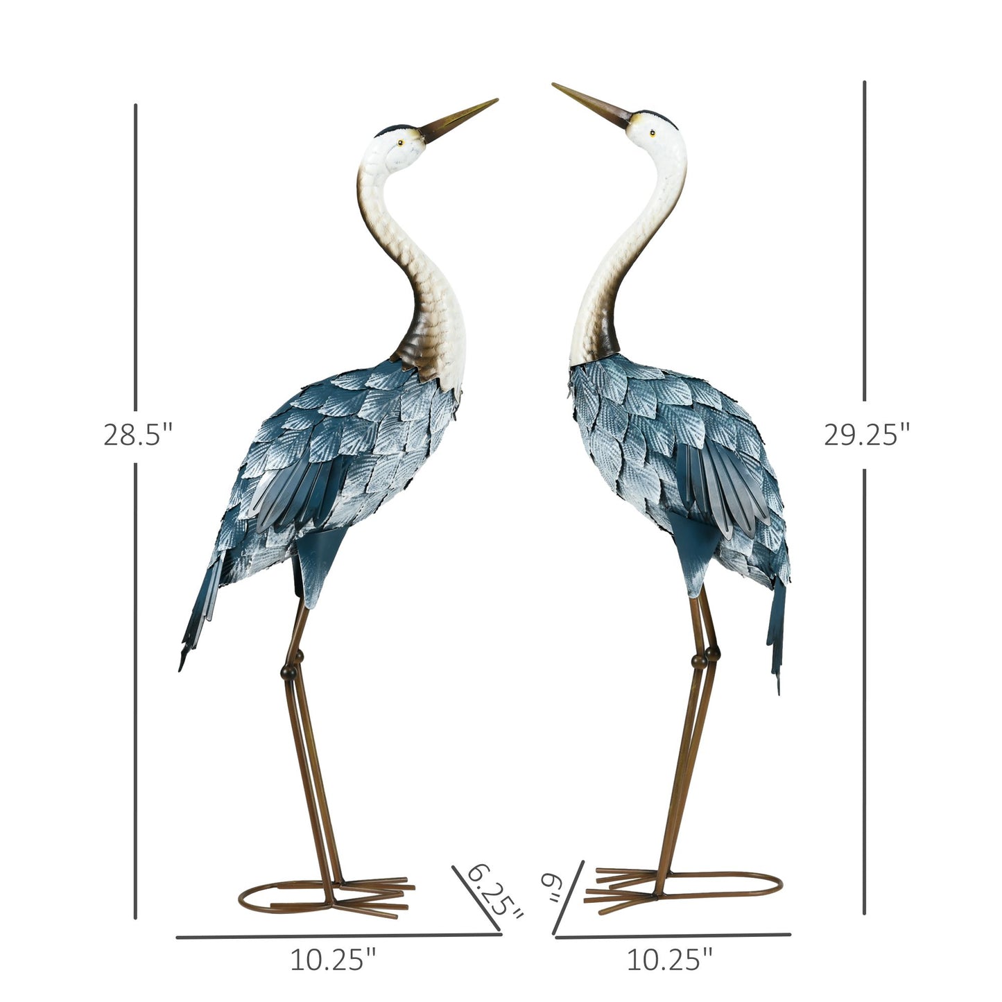 Two decorative heron statues with measurements on a white background