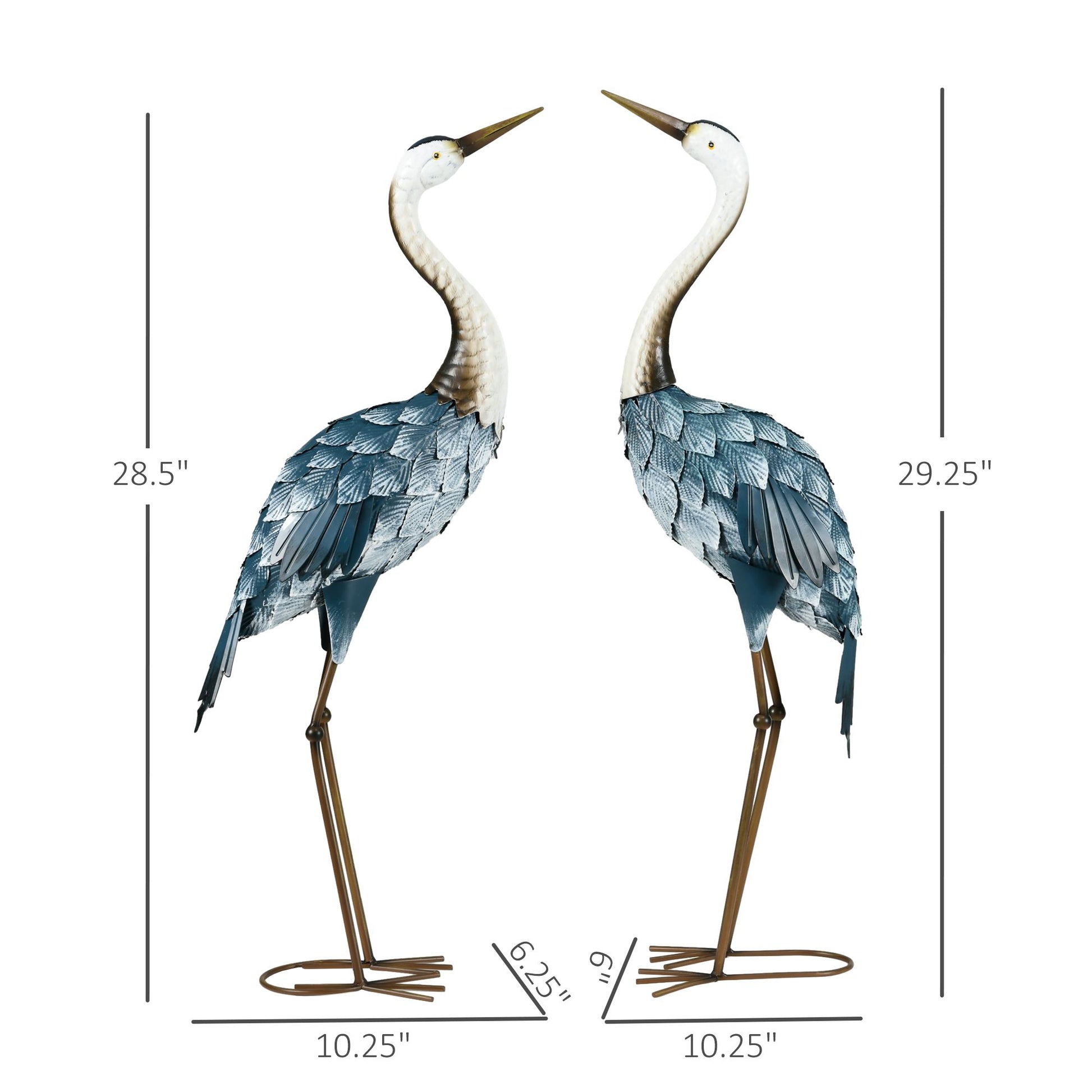 Two decorative heron statues with measurements on a white background