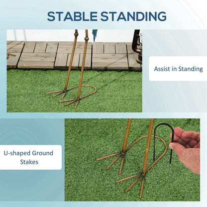 U-shaped ground stakes assisting in stable standing on a wooden deck with grass background.