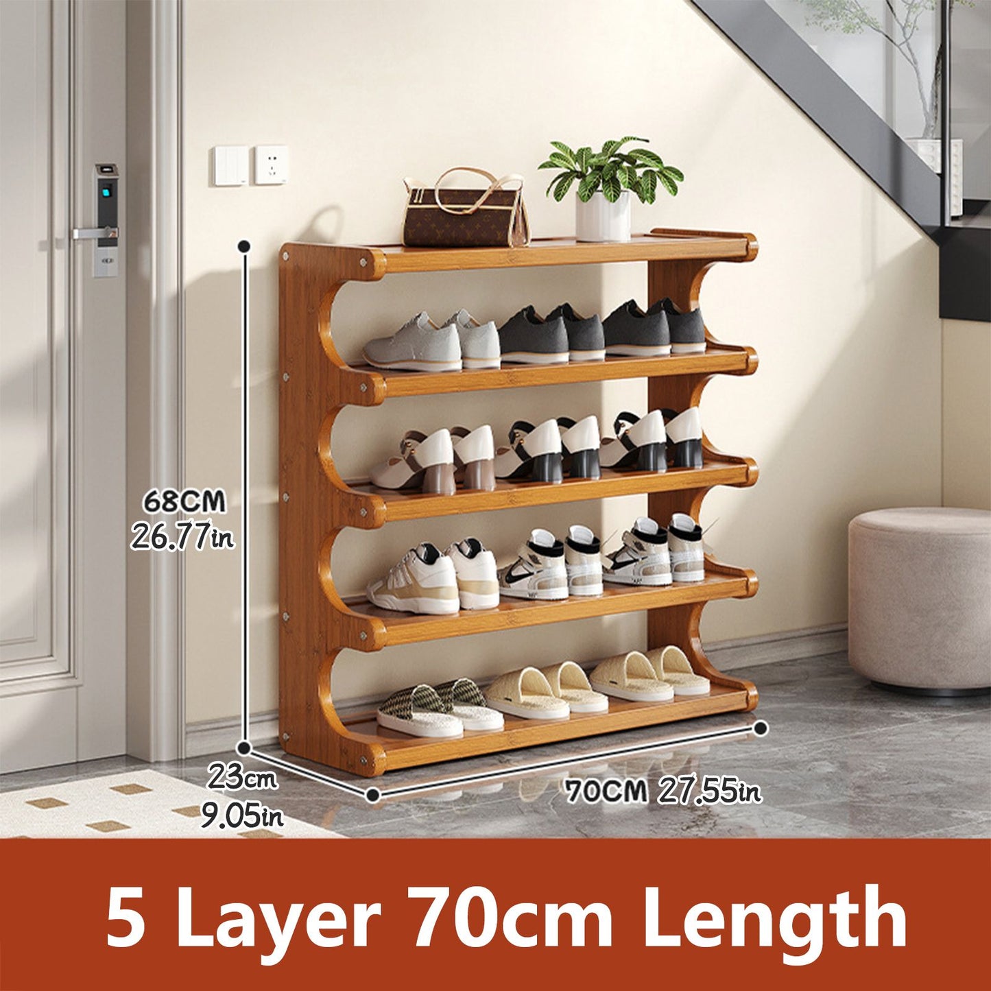 Wooden shoe rack with shoes on it, showing dimensions, in a room setting.