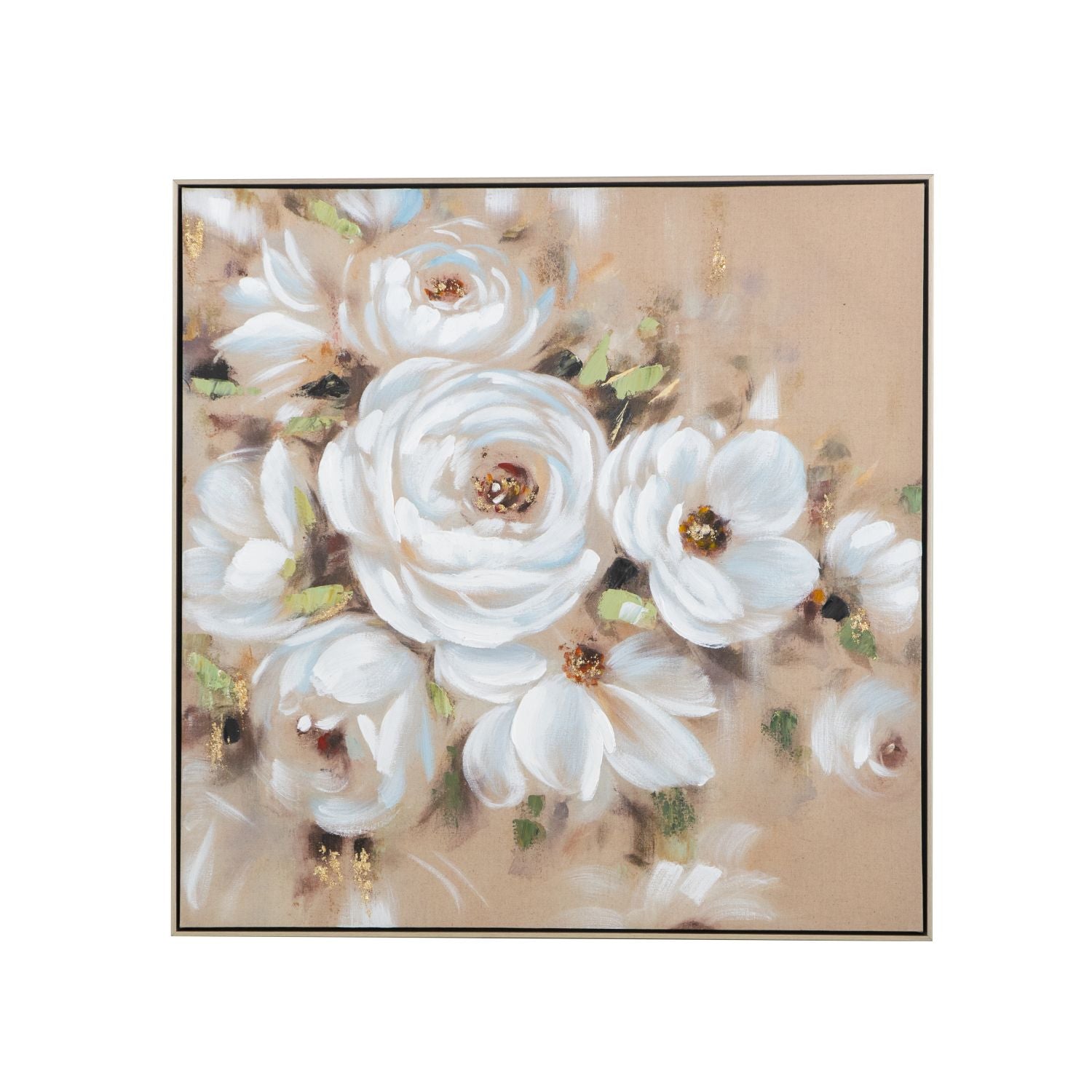 Framed artwork of white flowers on a beige background