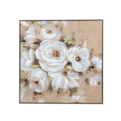 Framed artwork of white flowers on a beige background