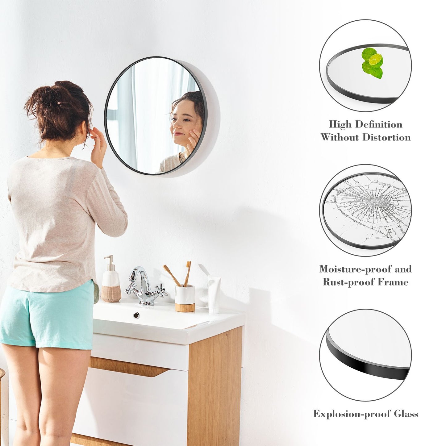Woman applying cream in front of a round mirror with features highlighted on the right.