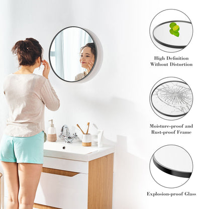 Woman applying cream in front of a round mirror with features highlighted on the right.