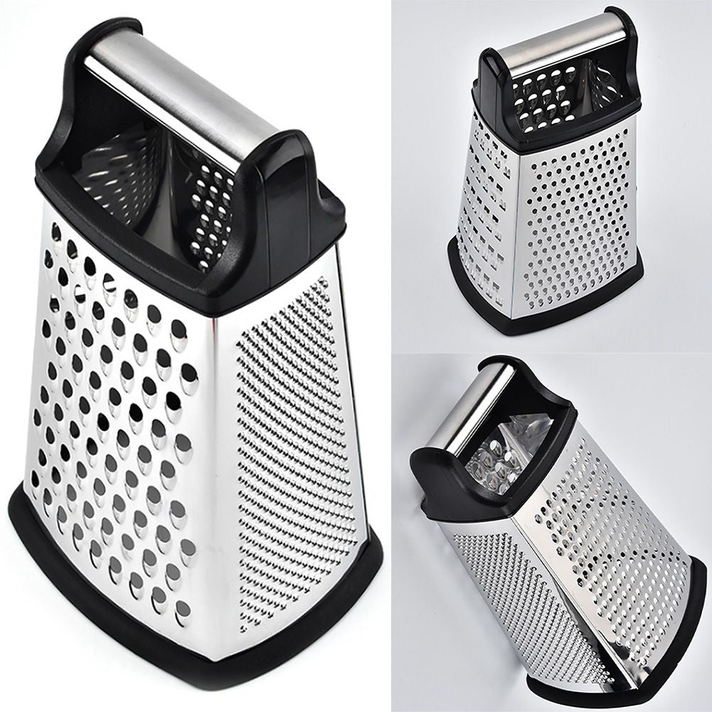 Rectangular box grater with black handle on a white background