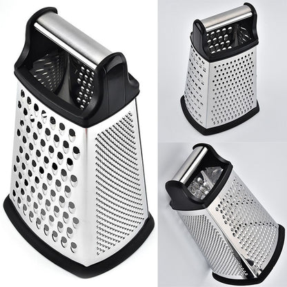 Rectangular box grater with black handle on a white background